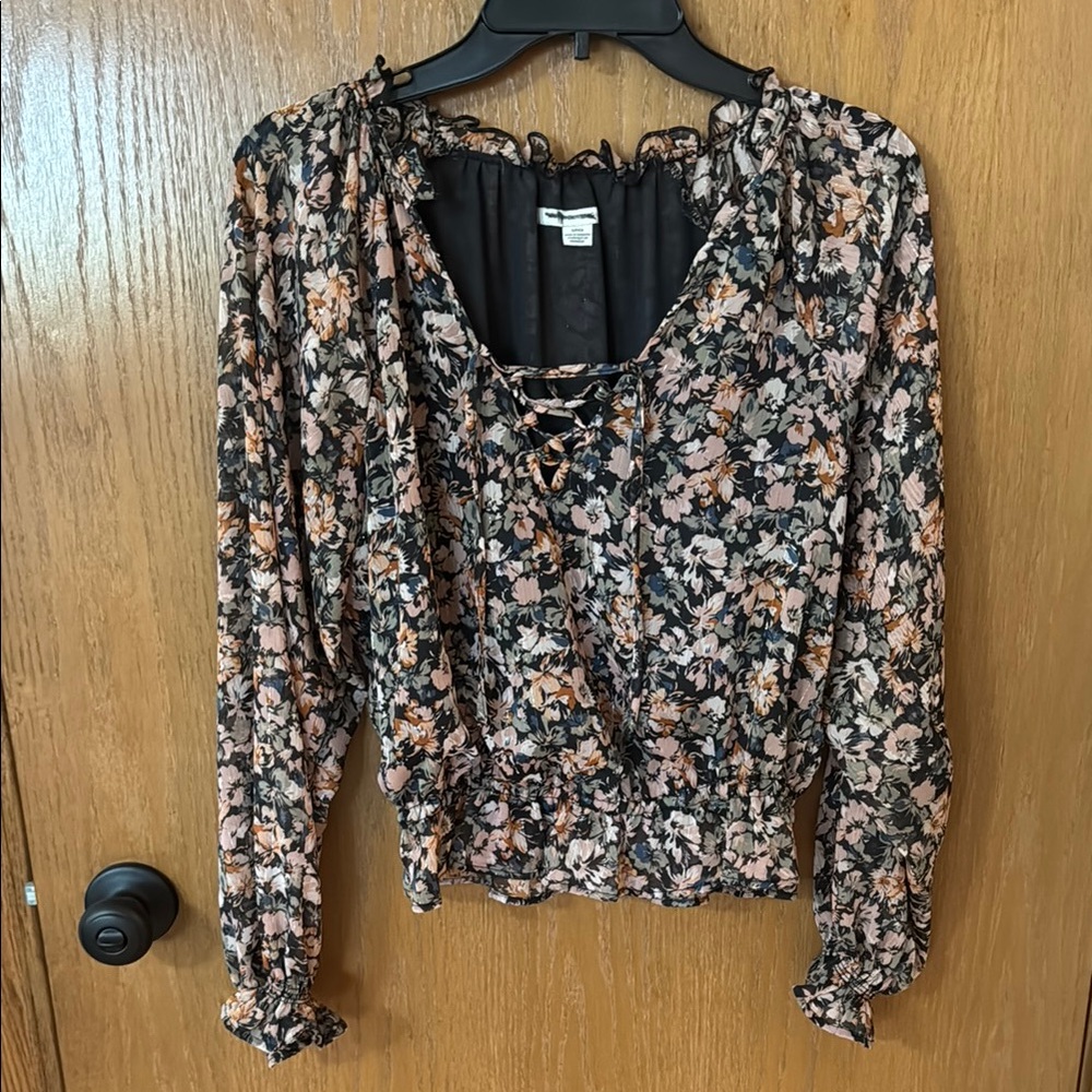 American Eagle Outfitters Black Ruched Tie Front Blouse